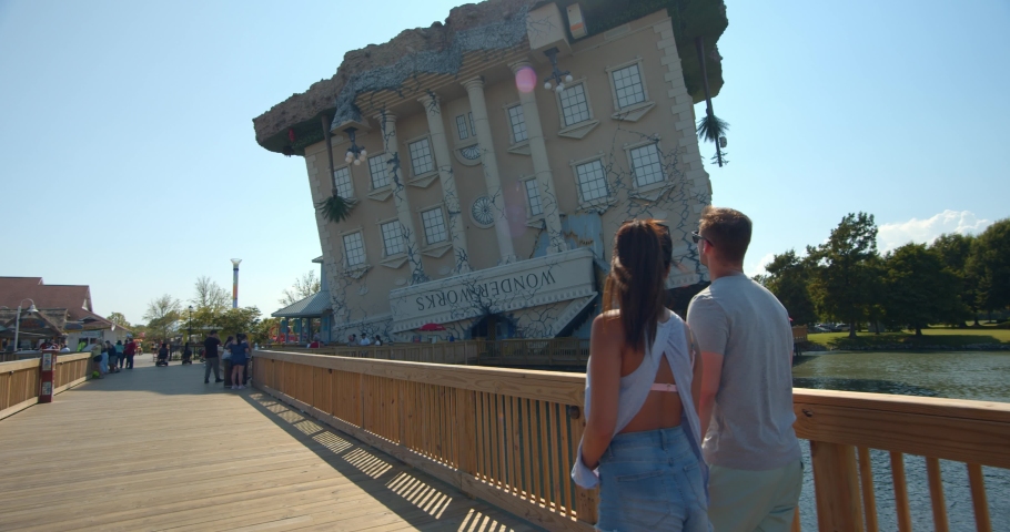 Myrtle Beach, South Carolina, United States - August 17, 2020: Couple at WonderWorks Myrtle Beach, Upside Down House