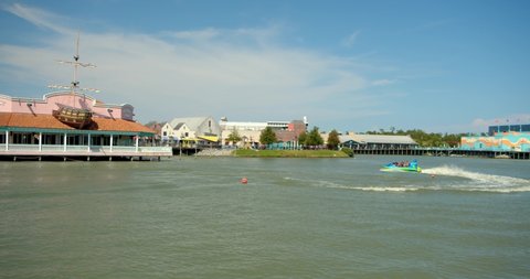 Myrtle Beach, South Carolina, United States - August 17, 2020: Fun Boats in Myrtle Beach Harbor, Tourists