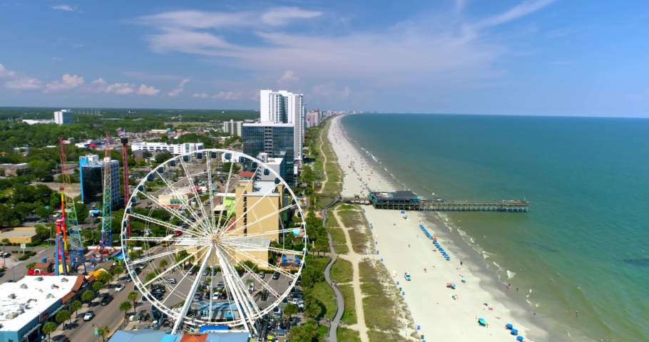 Myrtle Beach by Aerial Drone, Skywheel, Tourists, 4K