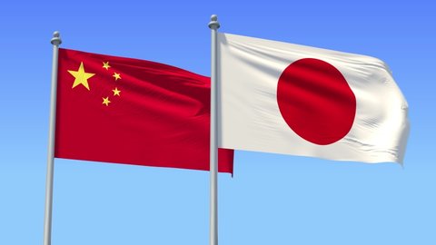 Japan and China flag on flagpole excellent quality. Japan and People's Republic of China waving flag in wind. Endless Animation. LOOP CYCLE Animation.