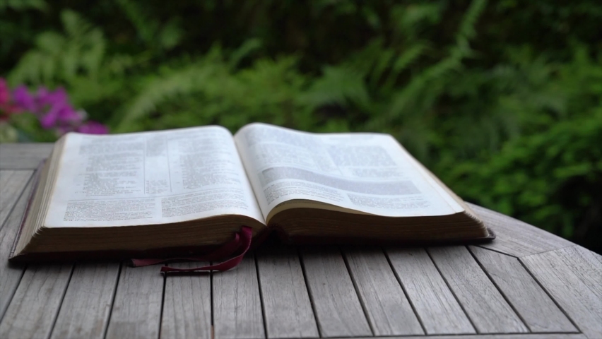 Holy bible open on the table at the garden and pages flipping due to wind blowing. Religion and faith concept. | Shutterstock HD Video #1063392085