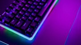 close up of powerful personal computer keyboard for e cyber sport gamer on the table