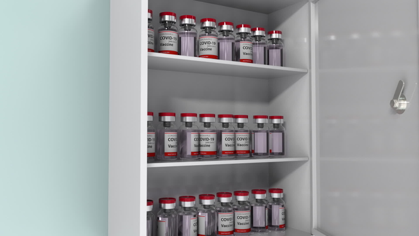 Bottles with vaccines against COVID-19 coronavirus in the medicine locker in the hospital. Vaccination are started and every person, employee, family member, old and young will be vaccinated, cgi 3D. | Shutterstock HD Video #1063406629