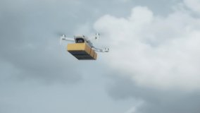 4K video footage of a flying on a sky delivery drone with holding a 