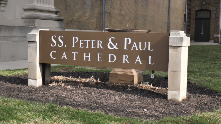 Saints Peter and Paul Catholic Cathedral Sign, Indianapolis, Indiana USA.