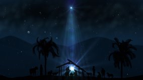 Christmas Scene with twinkling stars and brighter star of Bethlehem with sparkling nativity characters and animated animals and trees. Seamless Loop Nativity Christmas story with twinkling stars. 4k - Powered by Shutterstock - Get 15% off with code: PIKWIZARD15