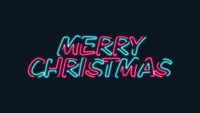Merry christmas Neon Glowing text on black background.4K video