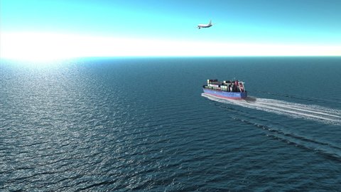 Cargo ship  with containers and airplane over the sea- aerial
, Freight Shipping export and import concept, container ship and plane carries cargo across the ocean. Transportation. Delivery. Logistics
