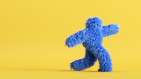 blue hairy 3d cartoon character dancing on yellow background. person wearing furry costume, funny mascot looping animation, modern minimal seamless motion design.