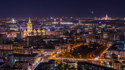 4k panoramic time lapse of finance center of Moscow at night