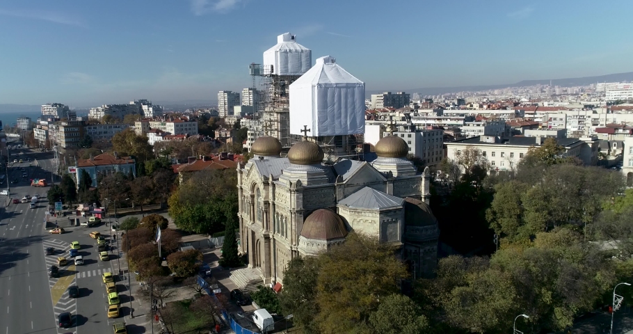 Restoration process of church, cathedral, maintenance and gold plating of its domes. The Cathedral of the Assumption in Varna, Bulgaria. 