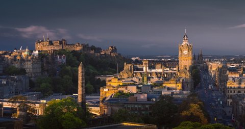 time lapse sunrise, Edinburgh city skyline from Calton Hill, United Kingdom.