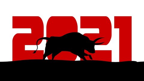 2021 Year Of The Ox With Black Bull Cartoon Silhouette. 4K Animation Video Motion Graphics With White Background