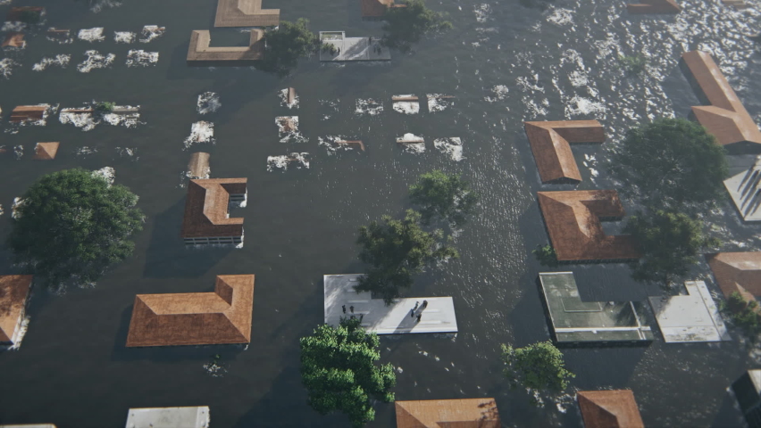 Flight over Flooded City with people sitting on roof tops for being rescued Royalty-Free Stock Footage #1063426798