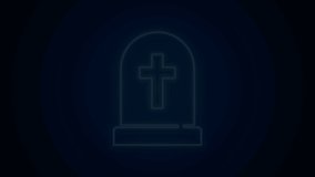 Glowing neon line Tombstone with cross icon isolated on black background. Grave icon. Happy Halloween party. 4K Video motion graphic animation