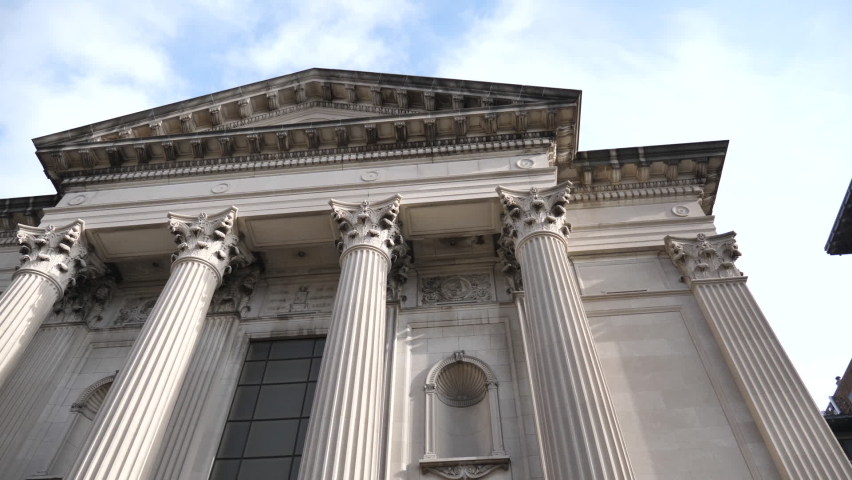 Exterior of Saints Peter and Paul Cathedral in Indianapolis, Indiana, USA. Low Angle View of Facade and Columns