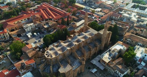 Aerial view of Selimiye Mosque St. Sophia Catedral and the city of Nicosia, North Cyprus. Lefkosa. 4K.