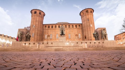 Turin, Italy - Time lapse  Medieval Acaja Castle square at sunset
