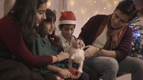 Happy family of four including kids and parents petting an adorable cat and talking. Mother, father, daughter, and son are smiling and enjoying the Christmas festivities while spending time together