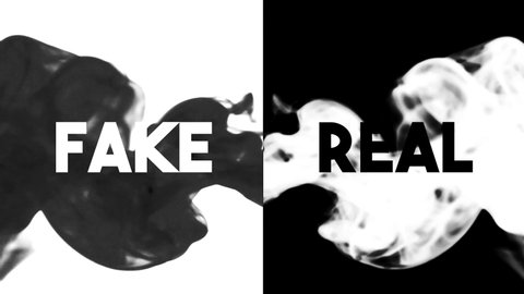 A visual dichotomy, Fake versus Real, appearing as text from ink dropping into water (split screen).
