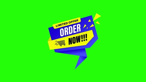 Blue order now advertisement, Limited offer text , used on shops, stores, promotions, products , discounts. Websites Banner with yellow label. Green screen or chroma key animation.