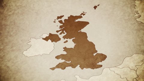 Vintage map showing UK, United Kingdom, Great Britain, England, Scotland, Wales, Northern Ireland. From above zooming in.