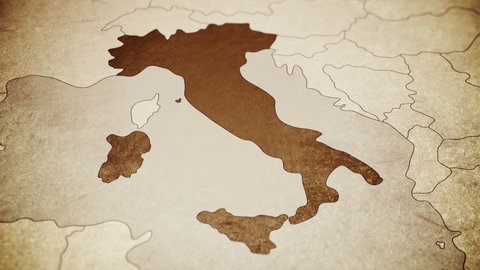 Vintage map showing Italy. From above zooming in.