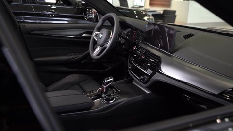 ROSTOV-ON-DON, RUSSIA - NOVEMBER 23, 2020: BMW M5 Competition beautiful black leather interior. Brand new BMW M5 Competition sports car.