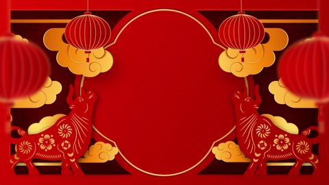 Chinese new year 2021 year of the ox , red and gold paper cut art, lanterns and asian elements with craft style on background. Happy new year. 4K loop video animation with copy space. 