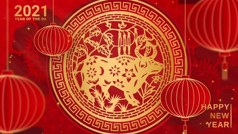 Happy new year 2021, Happy chinese new year 2021 Ox Zodiac sign. with gold paper cut art and craft style on red background. lanterns and asian elements with craft style. 4K loop video animation