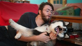 Man holds husky dog indoors having fun with tongues hanging out of mouth playing.