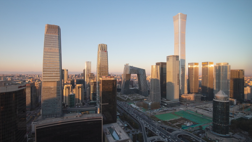 Timelapse.Beijing Landmark. Urban Skyscrapers at Sunset with Traffic Flow,China.