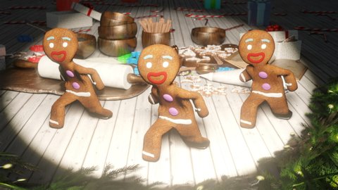Gingerbread men dancing in the middle of a festive Christmas table. The concept of the celebration. Looped Animation.