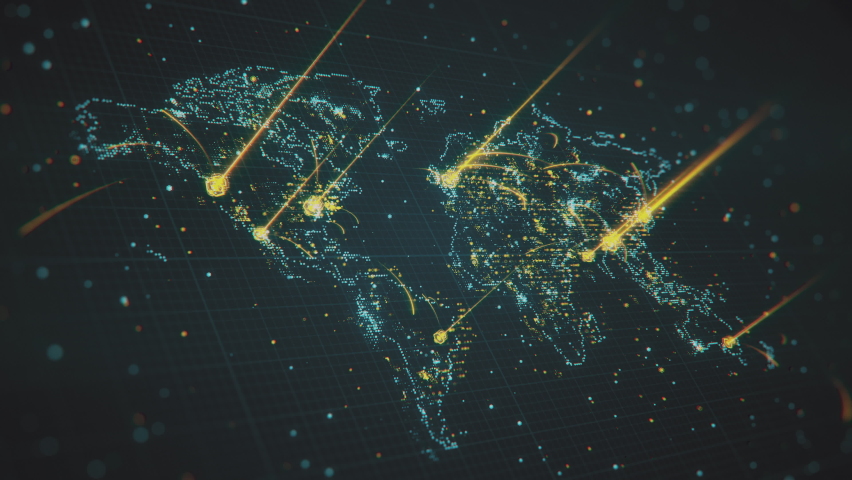 Flashing glowing World map with highlighted areas and interstate connections. Scanning of Global Map through hi-tech futuristic sight and visuals with connecting light points and lines. Royalty-Free Stock Footage #1063474846