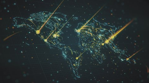 Flashing glowing World map with highlighted areas and interstate connections. Scanning of Global Map through hi-tech futuristic sight and visuals with connecting light points and lines.