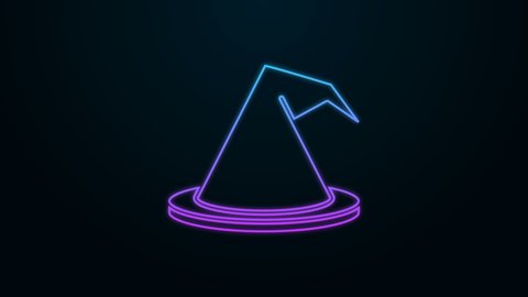 Glowing neon line Witch hat icon isolated on black background. Happy Halloween party. 4K Video motion graphic animation.