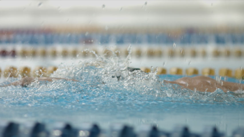 Male swimmer performing front crawl technique in slow motion. Swimming in indoor swimming pool. Royalty-Free Stock Footage #1063476442