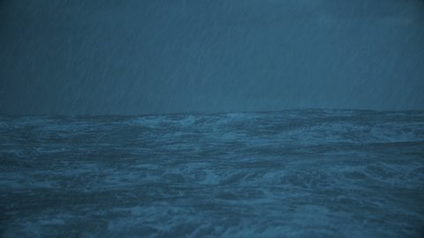 raging ocean in a strong storm with rain and lightning, 3d animation