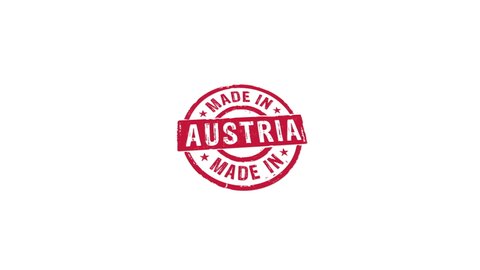 Made in Austria stamp and hand stamping impact isolated animation. Factory, manufacturing and production country 3D rendered concept. Alpha matte channel.