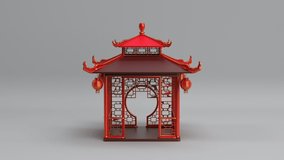 Rotating asian chinese wooden gazebo in garden, china arbor or oriental pavilion seamless looping animation, 3d render background