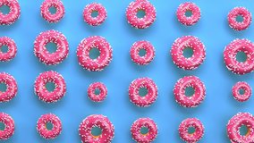 Pink glazed with sprinkles sweet donuts, white frosting doughnuts, tasty unhealthy dessert animated background, 3d render abstract art, donut national day, gourmet food graphic design.