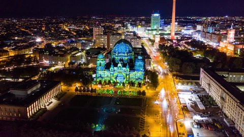 BERLIN, GERMANY - Hyperlapse of Berlin Cathedral (Berliner Dom) during FESTIVAL OF LIGHTS 2020 in Berlin Mitte, Germany, Europe