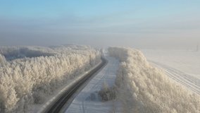 Aerial video view from drone of a Sunrise over snowy winter road. Birch forest under hoarfrost in winter season. Siberia, Russia.