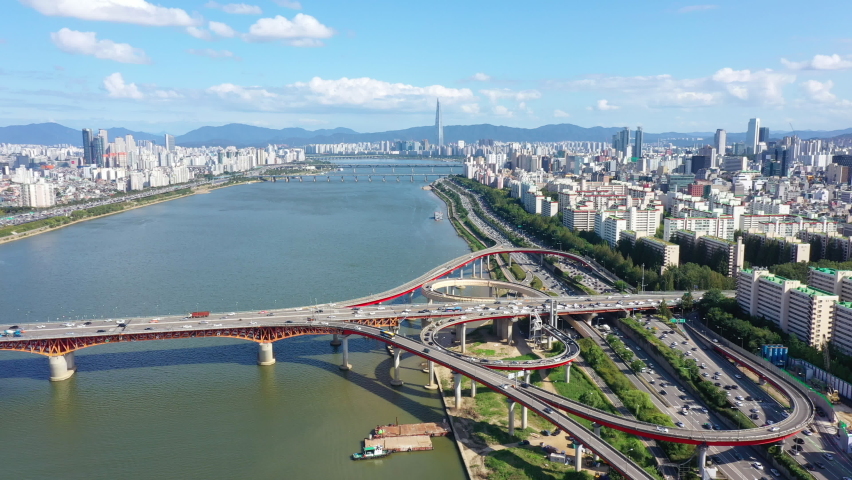 Aerial view of Seoul city and Han river in Seoul, South Korea,The amazing scene of South Korea | Shutterstock HD Video #1063497391