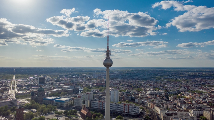 Aerial Drone Hyperlapse Shot of Berlin cityscape and Fernsehturm or television tower details. Germany Royalty-Free Stock Footage #1063500532