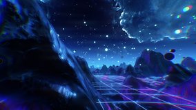 Futuristic flight through trippy landscape seamless loop. High quality 3D animation with mountains, grid, balls for EDM music video, live show, VJ background, lucid dream. 60 fps psychedelic visuals