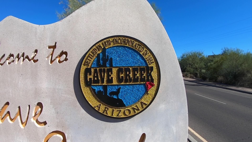 A slow push in on the city seal of the township of Cave Creek, Arizona.