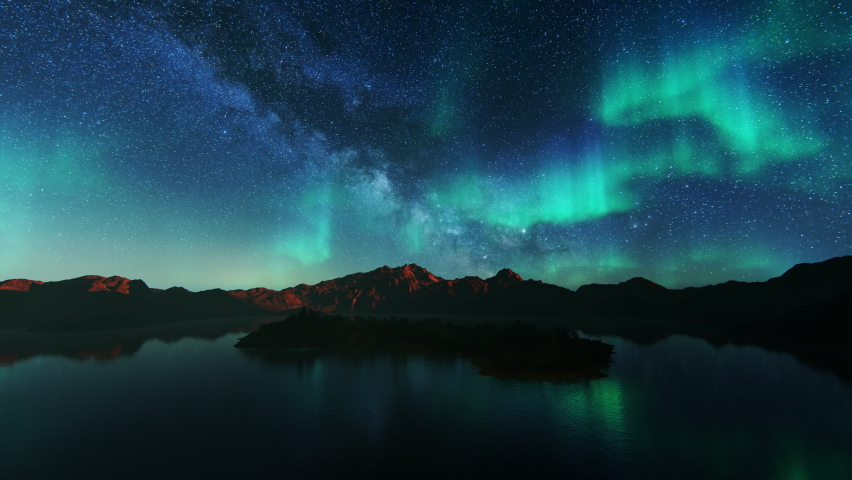 Mountain and lake against starry sky, 3d render | Shutterstock HD Video #1063511830
