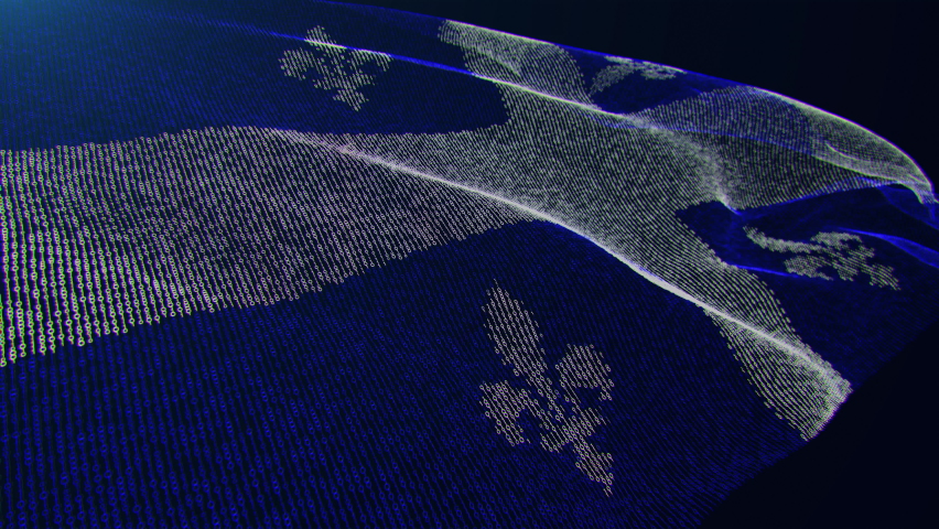3d render. Quebec digital flag with binary code texture flies in the wind. Seamless loop.