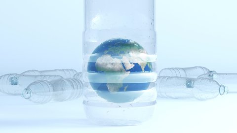 World globe inside a plastic bottle with scattered plastic bottles behind and a white background. Global warming. Greenhouse effect. Motion graphic animation. Zoom in